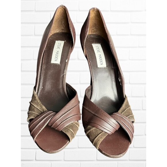 Steve Madden Women's Size 8 Destiny Heel Brown Leather Open Toe Twist Front - Picture 2 of 15